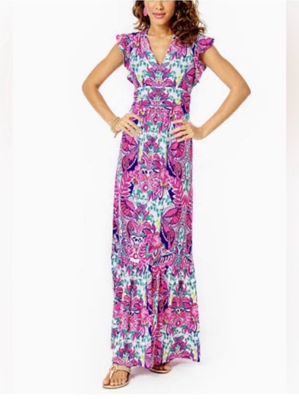 Lilly Pulitzer Pink & Aqua Floral Maxi Dress with Ruffle Shoulders Sz S
